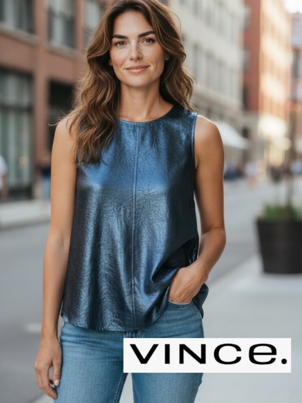 Vince Tank Top Stormy Blue Crinkled Satin top, L, CB2741